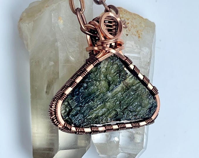 Moldavite Copper Minimalist Pendant, Healing Crystal Boho Necklace, Handmade Wire Wrap Tektite, Meditation Chakra Jewelry