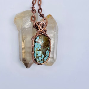 Turquoise Copper Minimalist Pendant, Handmade Silver Wire Wrap Boho Necklace, Southwest Arizona Artisan Jewelry