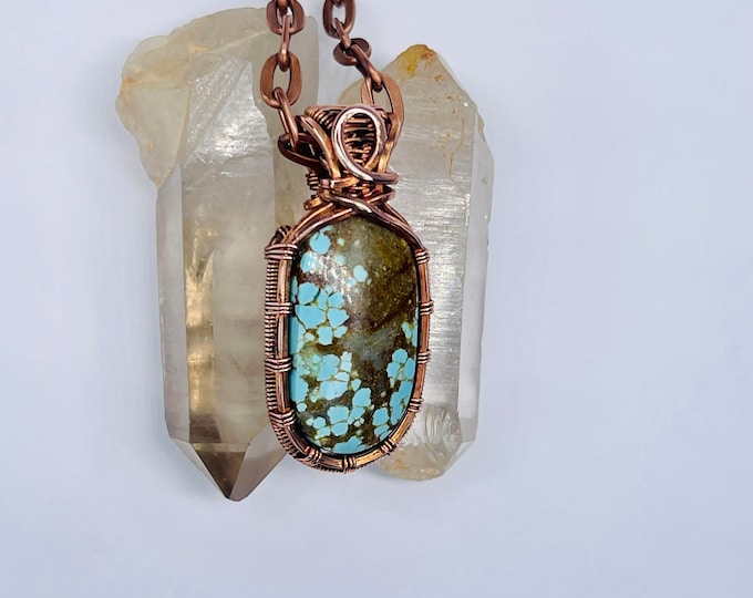 Turquoise Copper Minimalist Pendant, Handmade Silver Wire Wrap Boho Necklace, Southwest Arizona Artisan Jewelry