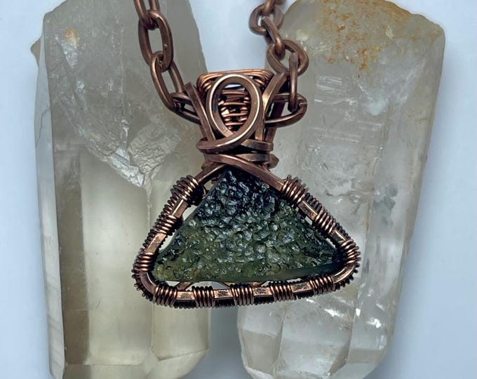 Moldavite Copper Minimalist Pendant, Healing Crystal Boho Necklace, Handmade Wire Wrap Tektite, Meditation Chakra Jewelry