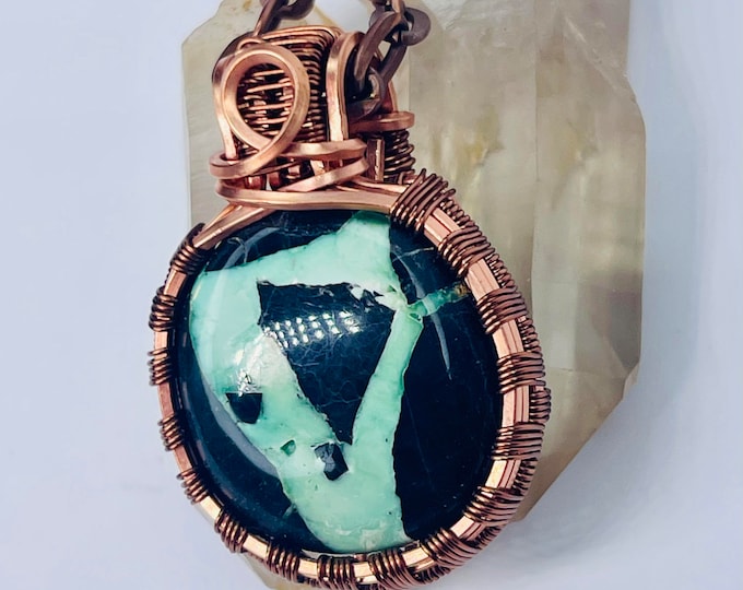 Variscite Copper Minimalist Pendant, Handmade Wire Wrap Boho Necklace, Southwest Artisan Jewelry, Vibration Wellness Love Protection Jewelry
