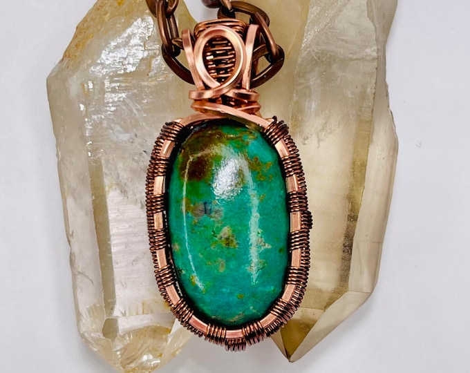 Turquoise Copper Minimalist Pendant, Handmade Silver Wire Wrap Boho Necklace, Southwest Artisan Jewelry, Wellness Love Protection Jewelry