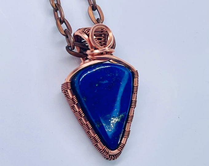 Lapiz Lazuli Copper Minimalist Pendant, Handmade Wire Wrap Boho Necklace, Southwest Artisan Jewelry, Vibration Wellness Protection Jewelry