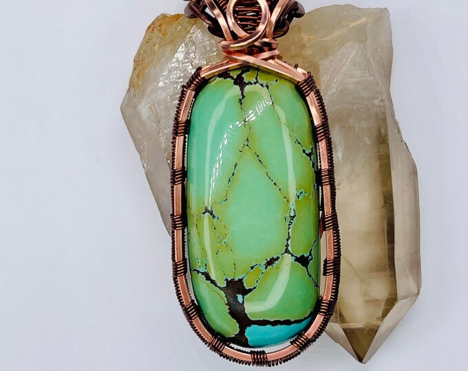 Turquoise Copper Minimalist Pendant, Handmade Wire Wrap Boho Necklace, Southwest Artisan Jewelry, Vibration Wellness Love Protection Jewelry