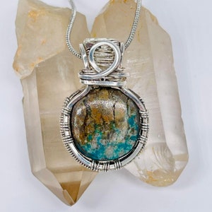 Turquoise Copper Pendant: Handmade Wire Wrap Silver Boho Necklace