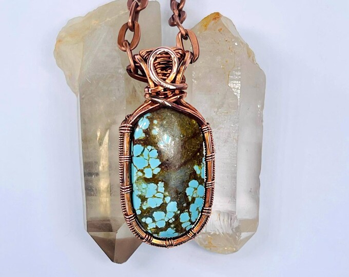 Turquoise Copper Minimalist Pendant, Handmade Silver Wire Wrap Boho Necklace, Southwest Arizona Artisan Jewelry