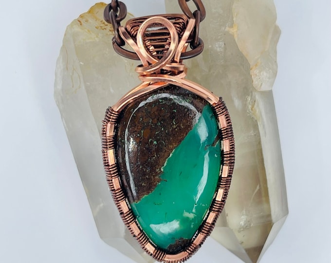 Chrysoprase Copper Minimalist Pendant, Handmade Wire Wrap Boho Necklace, Southwest Artisan Jewelry, Vibration Wellness Protection Jewelry