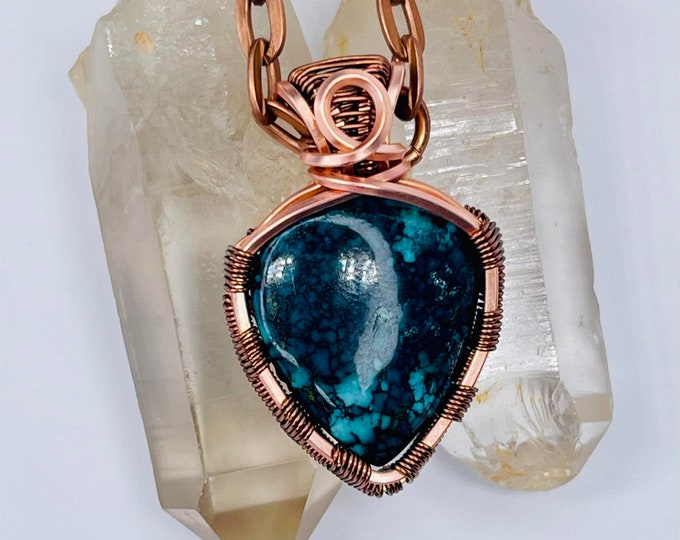 Turquoise Copper Minimalist Pendant, Handmade Wire Wrap Boho Necklace, Southwest Artisan Jewelry, Vibration Wellness Love Protection Jewelry