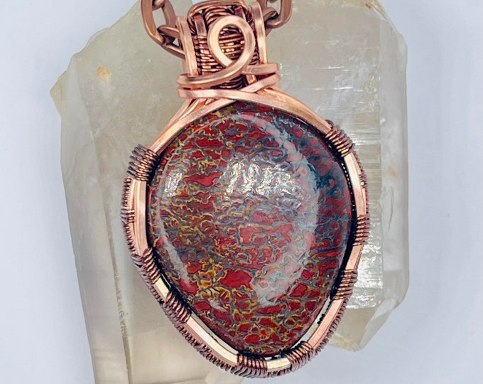 Dino Gembone Copper Pendant, Handmade Wire Wrapped Boho Necklace, Healing Calming Meditation Chakra Jewelry, Dinosaur Fossil Jewellry