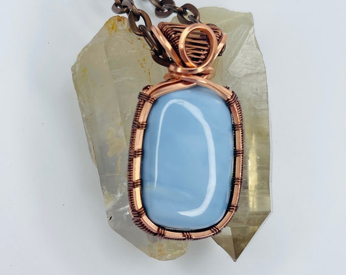 Blue Opal Copper Minimalist Pendant, Handmade Wire Wrap Boho Necklace, Southwest Artisan Jewelry, Vibration Wellness Love Protection Jewelry