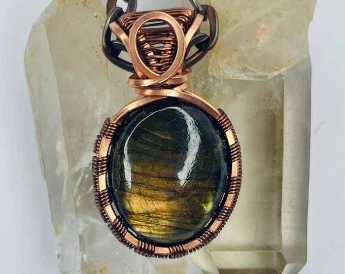 Labradorite Copper Minimalist Healing Pendant, Flashy Handmade Crystal Boho Jewelry, Southwest Arizona Artisan Wire Wrap Meditation Necklace