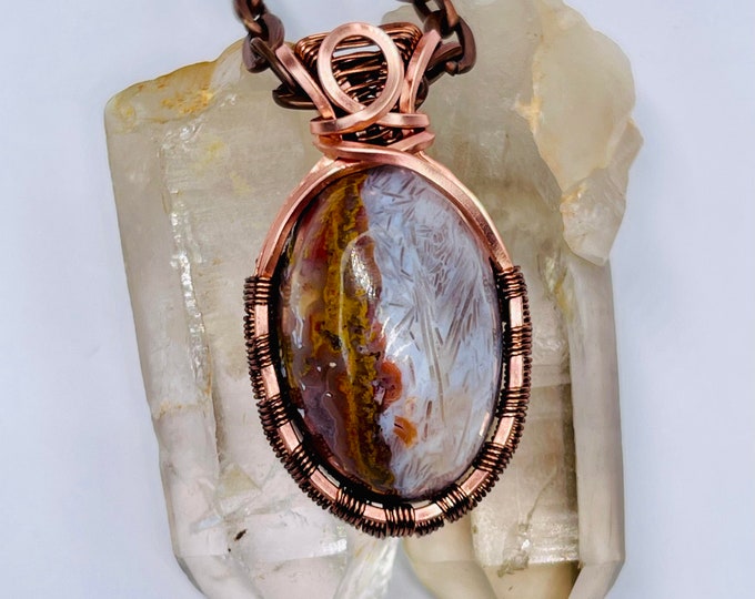 Agate Copper Minimalist Pendant, Handmade Wire Wrap Boho Necklace, Southwest Artisan Jewelry, Vibration Wellness Protection