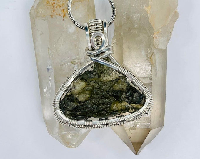 Moldavite Silver Minimalist Pendant, Healing Crystal Boho Necklace, Handmade Wire Wrap Tektite, Meditation Chakra Jewelry