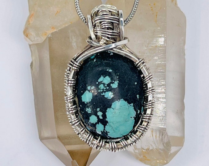 Turquoise Silver Minimalist Pendant, Handmade Wire Wrap Boho Necklace, Southwest Artisan Jewelry, Vibration Wellness Love Protection Jewelry