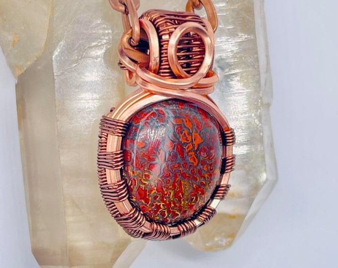 Dino Gembone Copper Pendant, Handmade Wire Wrapped Boho Necklace, Healing Calming Meditation Chakra Jewelry, Dinosaur Fossil Jewellry