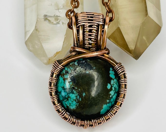 Turquoise Copper Minimalist Pendant, Handmade Wire Wrap Boho Necklace, Southwest Artisan Jewelry, Vibration Wellness Love Protection Jewelry