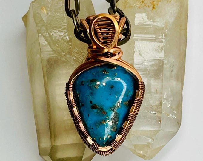 Turquoise Copper Minimalist Pendant, Handmade Wire Wrap Boho Necklace, Southwest Artisan Jewelry, Vibration Wellness Love Protection Jewelry