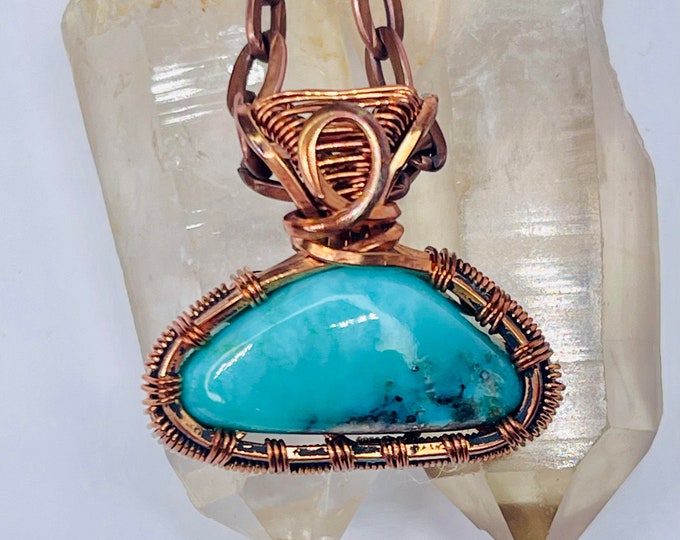 Turquoise Copper Minimalist Pendant, Handmade Wire Wrap Boho Necklace, Southwest Artisan Jewelry, Vibration Wellness Love Protection Jewelry