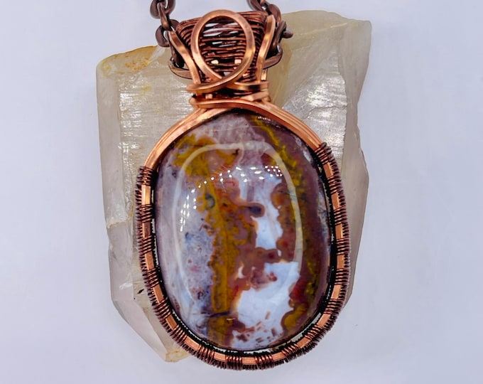 Agate Copper Minimalist Pendant, Handmade Wire Wrap Boho Necklace, Southwest Artisan Jewelry, Vibration Wellness Protection