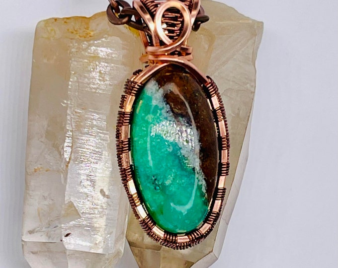 Chrysoprase Copper Minimalist Pendant, Handmade Wire Wrap Boho Necklace, Southwest Artisan Jewelry, Vibration Wellness Protection Jewelry