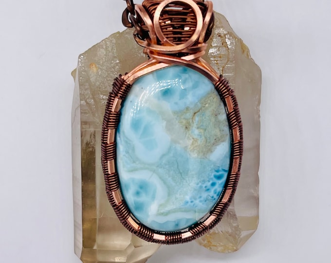 Larimar Copper Minimalist Pendant, Handmade Wire Wrap Boho Necklace, Southwest Artisan Jewelry, Vibration Wellness Love Protection Jewelry