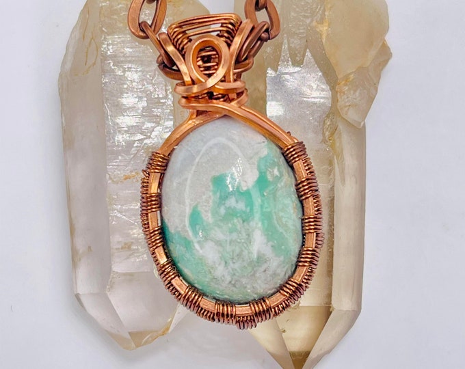 Variscite Copper Minimalist Pendant, Handmade Wire Wrap Boho Necklace, Southwest Artisan Jewelry, Vibration Wellness Love Protection Jewelry