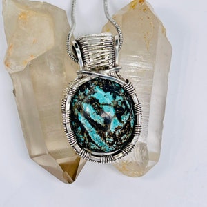 Handmade Turquoise Pendant: Silver Wire Wrap Boho Necklace