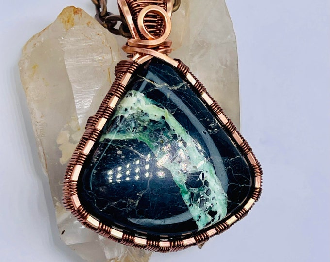 Variscite Copper Minimalist Pendant, Handmade Wire Wrap Boho Necklace, Southwest Artisan Jewelry, Vibration Wellness Love Protection Jewelry