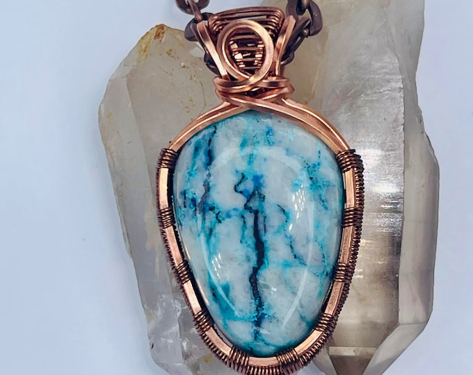 Chrysocolla Chalcedony Copper Minimalist Pendant, Handmade Wire Wrap Necklace, Southwest Jewelry, Vibration Wellness Protection Jewelry