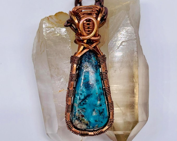Turquoise Copper Minimalist Pendant, Handmade Wire Wrap Boho Necklace, Southwest Artisan Jewelry, Vibration Wellness Love Protection Jewelry