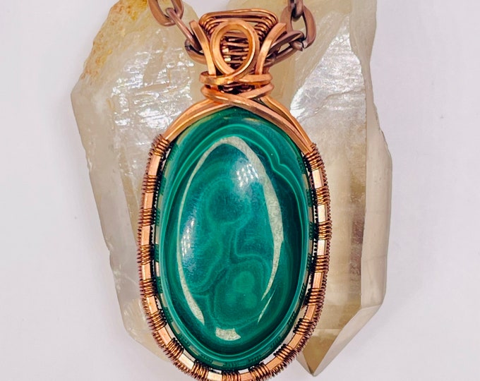 Malachite Copper Boho Pendant, Handmade Wire Wrap Minimalist Jewelry, Southwest Artisan Necklace, Vibration Wellness Love Protection Jewelry
