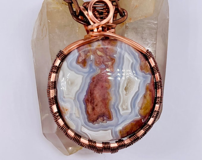 Agate Copper Wire Wrap Pendant, Handmade  Boho Necklace, Southwest Artisan Jewelry, Vibration Wellness Protection