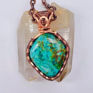 Chrysocolla Copper Minimalist Pendant, Handmade Wire Wrap Boho Necklace, Southwest Artisan Jewelry, Wellness Love Protection Jewelry