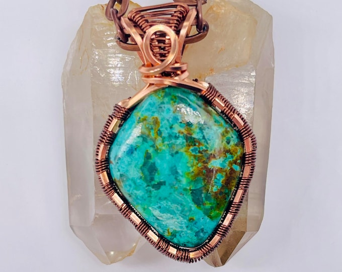 Chrysocolla Copper Minimalist Pendant, Handmade Wire Wrap Boho Necklace, Southwest Artisan Jewelry, Wellness Love Protection Jewelry