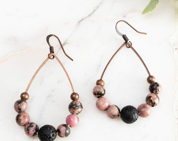 Rhodonite earrings, Rhodonite hoop earrings, diffuser earrings, Lava Essential Oil diffuser earrings, rhodonite gift for her