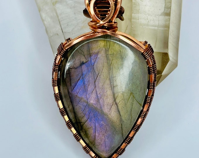 Labradorite Copper Minimalist Healing Pendant, Flashy Handmade Crystal Boho Jewelry, Southwest Arizona Artisan Wire Wrap Meditation Necklace
