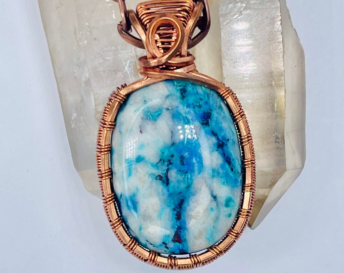 Chrysocolla Chalcedony Copper Minimalist Pendant, Handmade Wire Wrap Necklace, Southwest Jewelry, Vibration Wellness Protection Jewelry