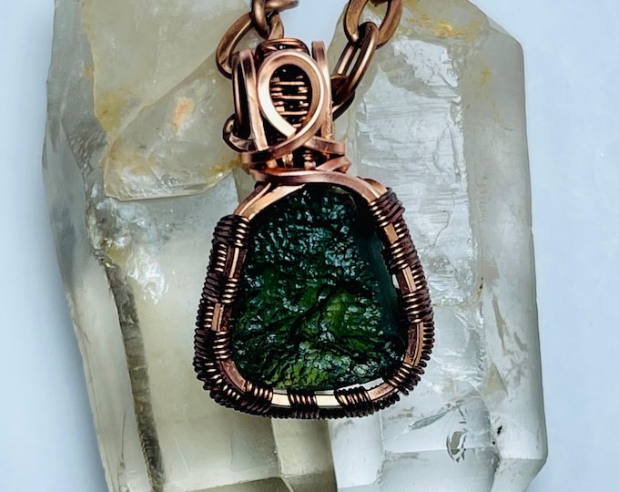Moldavite Copper Pendant Necklace: Wire Wrapped Tektite, Healing Crystal