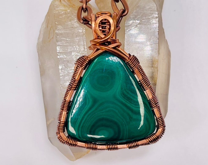 Malachite Copper Boho Pendant, Handmade Wire Wrap Minimalist Jewelry, Southwest Artisan Necklace, Vibration Wellness Love Protection Jewelry
