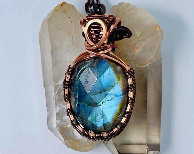Labradorite Copper Minimalist Healing Pendant, Flashy Handmade Crystal Boho Jewelry, Southwest Arizona Artisan Wire Wrap Meditation Necklace