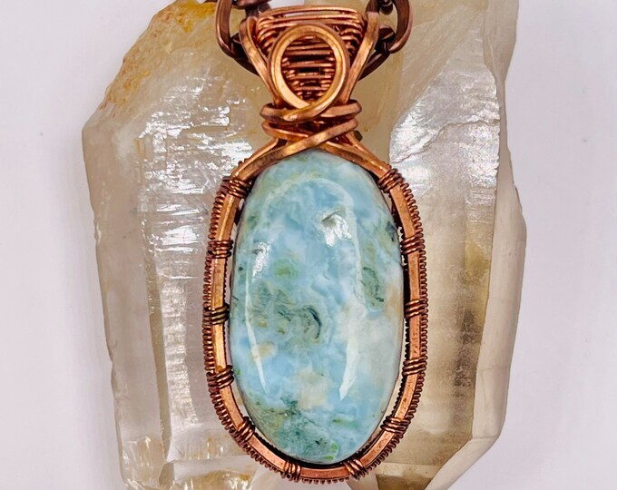 Larimar Copper Minimalist Pendant, Handmade Wire Wrap Boho Necklace, Southwest Artisan Jewelry, Vibration Wellness Love Protection Jewelry