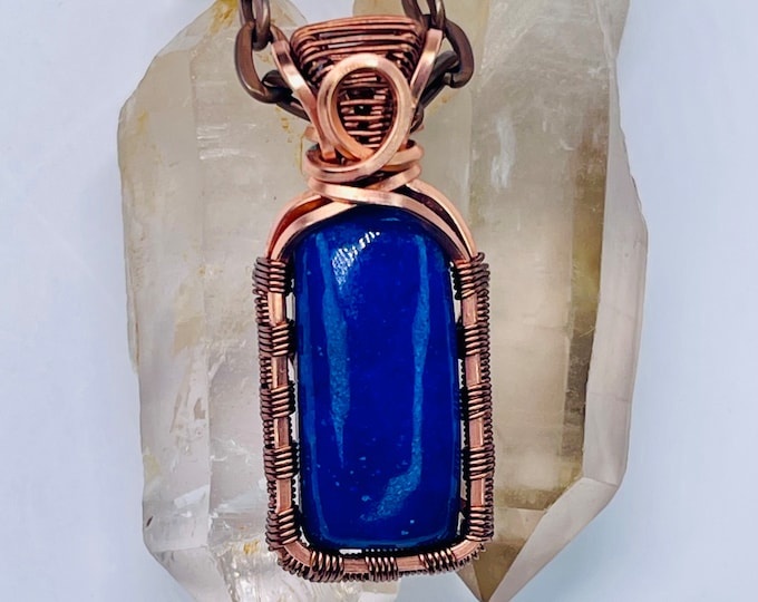 Lapiz Lazuli Copper Minimalist Pendant, Handmade Wire Wrap Boho Necklace, Southwest Artisan Jewelry, Vibration Wellness Protection Jewelry
