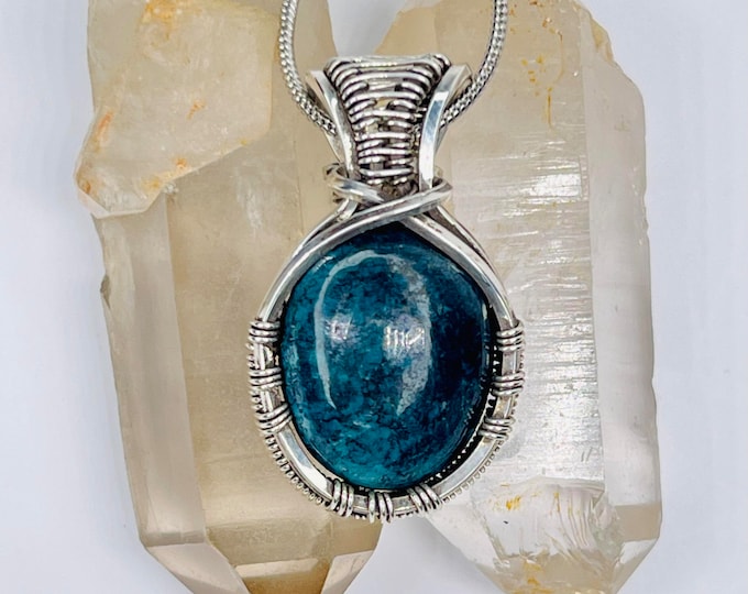 Turquoise Silver Minimalist Pendant, Handmade Wire Wrap Boho Necklace, Southwest Artisan Jewelry, Vibration Wellness Love Protection Jewelry