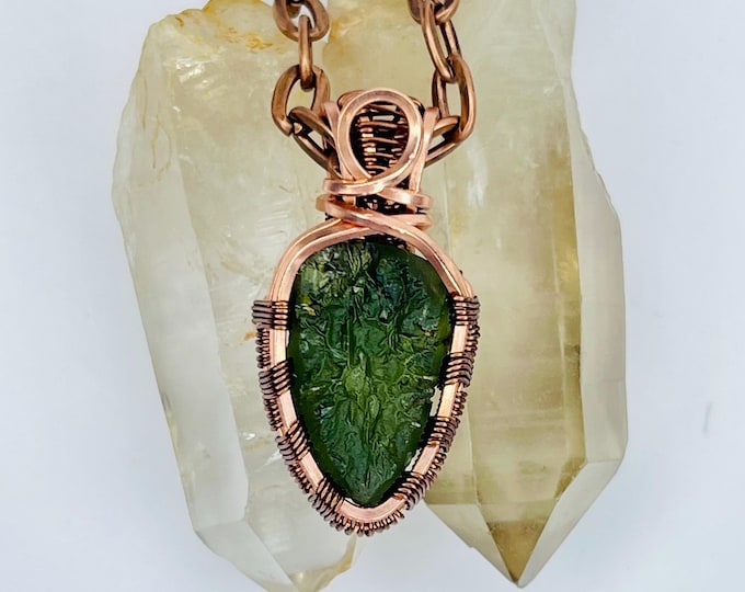 Moldavite Silver Pendant Necklace: Wire Wrapped Tektite, Healing Crystal