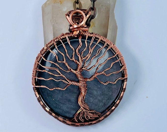 Obsidian Tree of Life Wire Wrap Copper Pendant, Handmade Wire Wrap Boho Necklace, Southwest Artisan Jewelry, Vibration Wellness