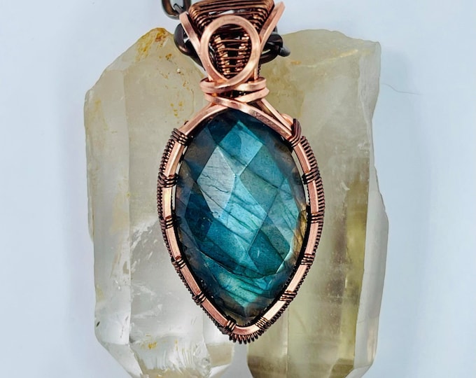 Labradorite Copper Minimalist Healing Pendant, Flashy Handmade Crystal Boho Jewelry, Southwest Arizona Artisan Wire Wrap Meditation Necklace