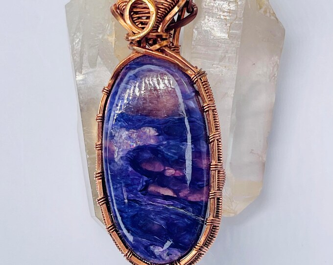 Charoite Copper Minimalist Pendant, Handmade Wire Wrap Boho Necklace, Southwest Artisan Jewelry, Vibration Wellness Love Protection Jewelry