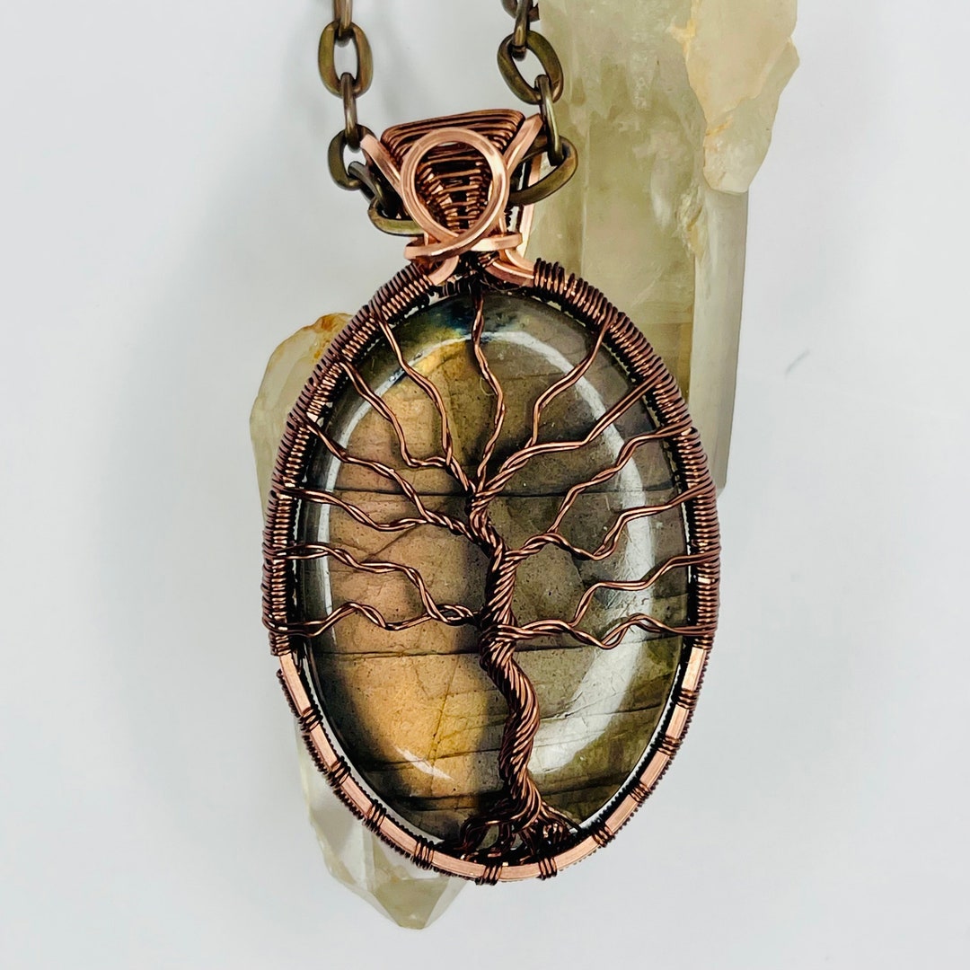 Flashy Labradorite Tree of Life Pendant - Handcrafted Copper Wire Boho Jewelry (6cm