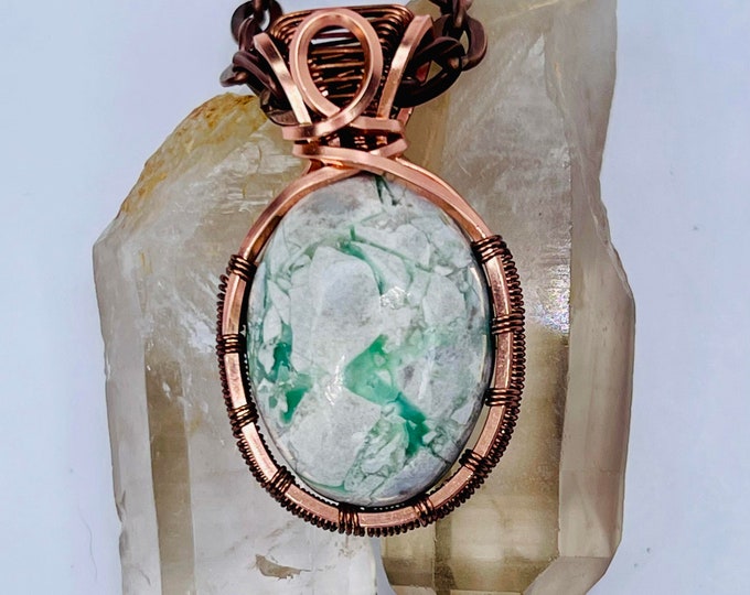 Variscite Copper Minimalist Pendant, Handmade Wire Wrap Boho Necklace, Southwest Artisan Jewelry, Vibration Wellness Love Protection Jewelry