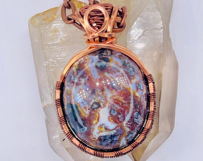 Agate Copper Minimalist Pendant, Handmade Wire Wrap Boho Necklace, Southwest Artisan Jewelry, Vibration Wellness Protection